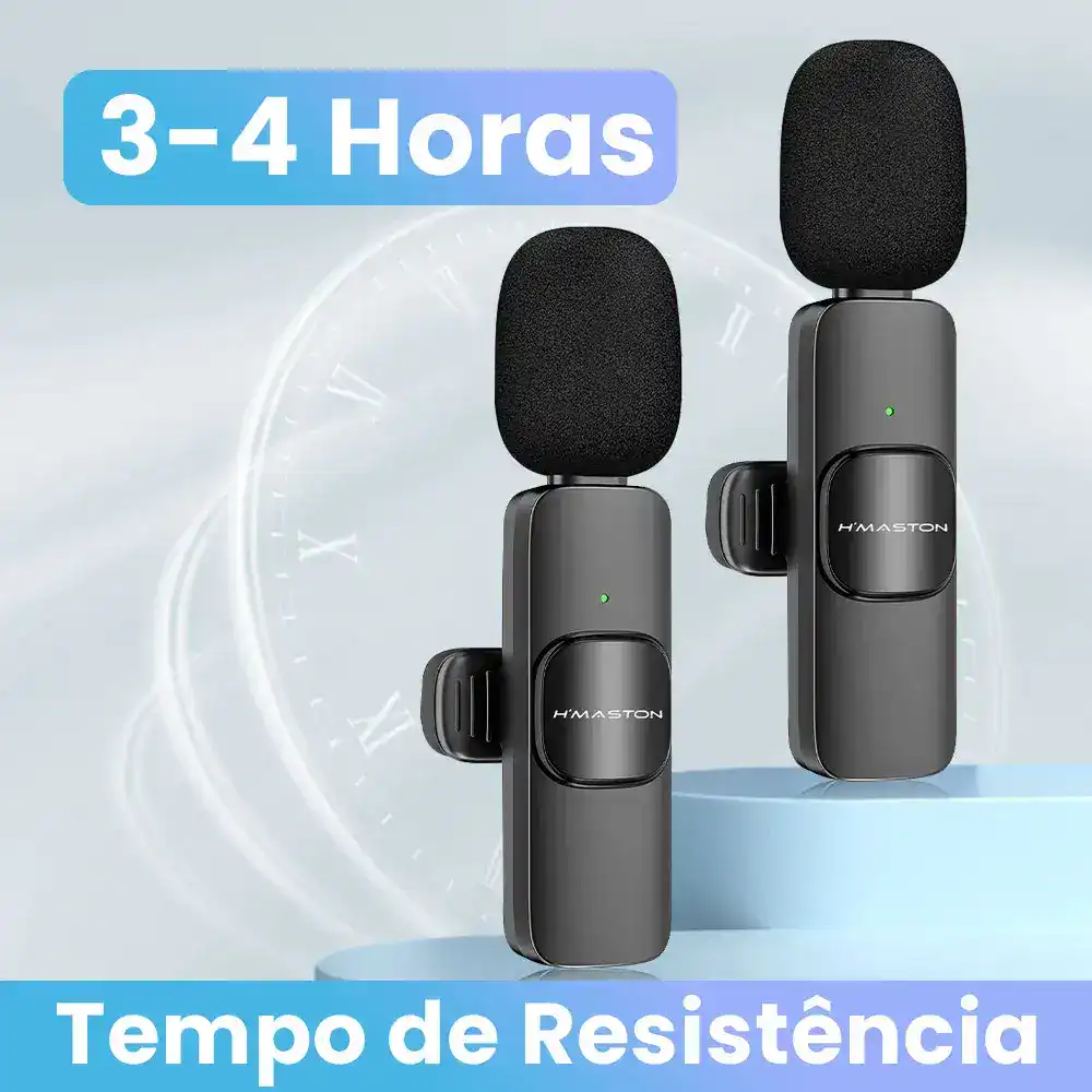 Árvore de microfones sem fio H'MASTON com resistência de 3-4 horas, ideal para vídeos, streamings e gravações, proporcionando qualidade de áudio profissional e facilidade de uso.