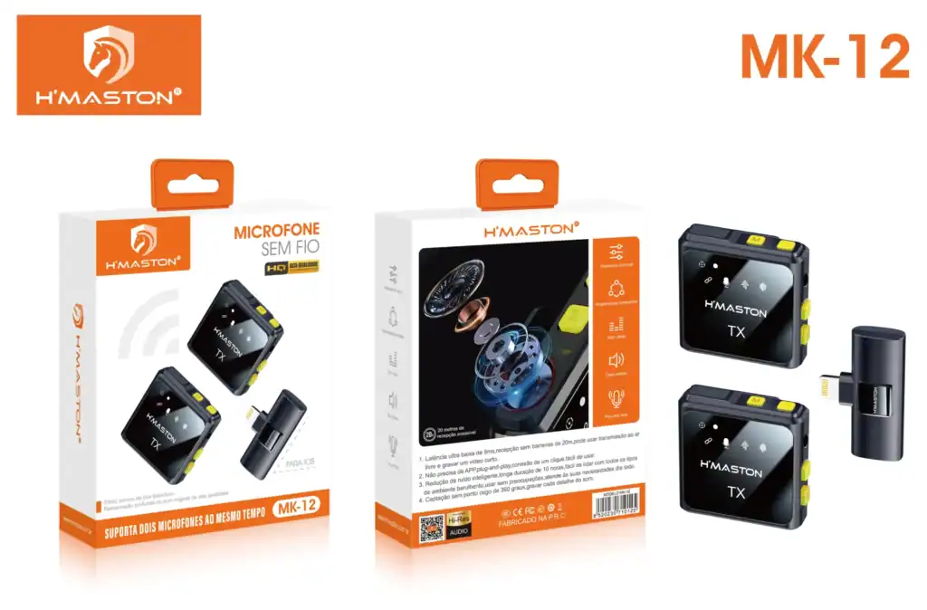 Suporte de dois microfones H'MASTON MK-12, com design compacto e tecnologia avançada, ideal para transmissão de áudio sem fio e alta qualidade de som.