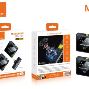 Suporte de dois microfones H'MASTON MK-12, com design compacto e tecnologia avançada, ideal para transmissão de áudio sem fio e alta qualidade de som.