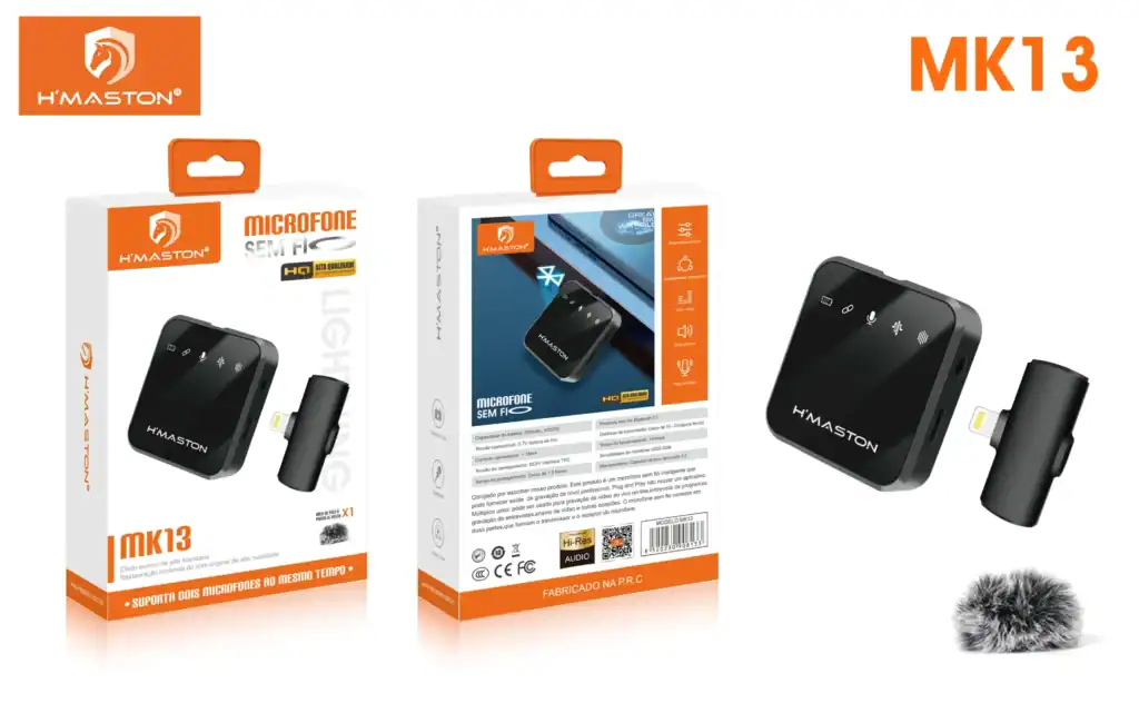 Microfone sem fio H'Maston MK13 com compatibilidade com smartphones e tablets, áudio de alta qualidade, design compacto e fácil de usar, ideal para vídeos, podcasts e gravações profissionais.