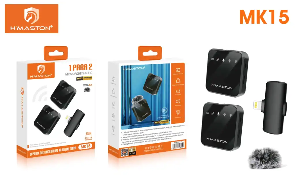 Microfones sem fio H'Maston MK15 para gravação e transmissão de áudio profissional, compatíveis com dispositivos móveis e câmeras, com alcance de 20 metros e fácil utilização.