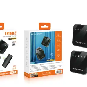 Microfones sem fio H'Maston MK15 para gravação e transmissão de áudio profissional, compatíveis com dispositivos móveis e câmeras, com alcance de 20 metros e fácil utilização.