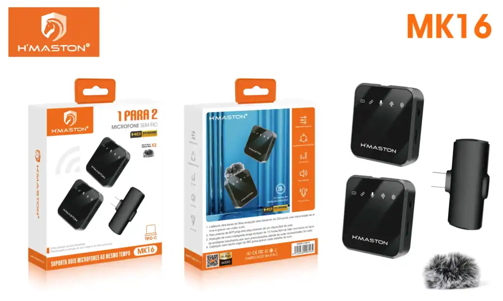 Microfone sem fio H'Maston MK16 com suporte para dois microfones, ideal para gravações, podcasts e transmissões ao vivo, com alta fidelidade de áudio e conexão confiável.
