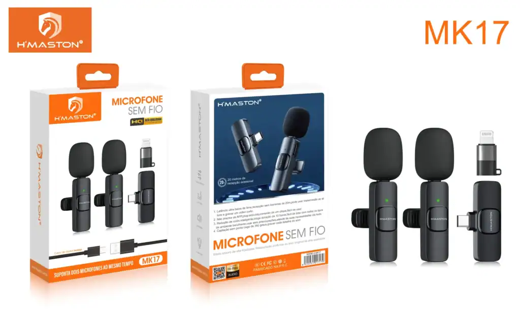Ênfase em microfones sem fio H'Maston MK17 com suporte para dois microfones, ideal para vídeos, transmissões e conteúdos audiovisuais de alta qualidade.