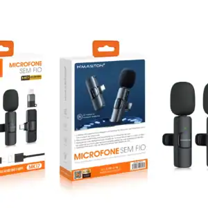 Ênfase em microfones sem fio H'Maston MK17 com suporte para dois microfones, ideal para vídeos, transmissões e conteúdos audiovisuais de alta qualidade.