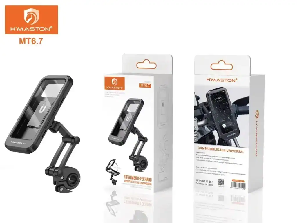 Suporte de celular para motocicleta H'MASTON MT6.7, compatível universal, com base ajustável, ideal para uso seguro e prático ao pilotar, oferecendo máxima estabilidade para smartphones.