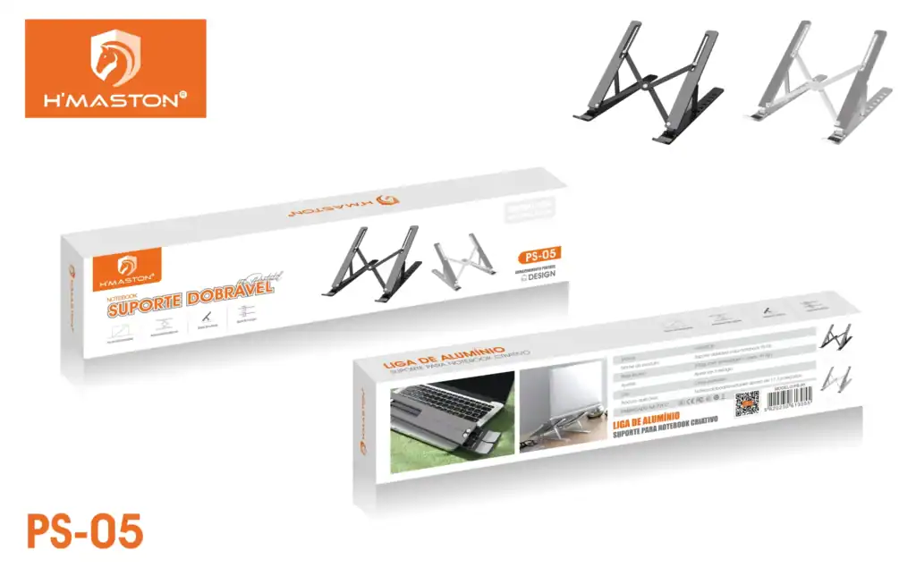 Suporte dobrável para notebook PS-05, suporte de alumínio, leve e ajustável, ideal para mesa de estudo ou trabalho. Produto de alta qualidade por H'Maston, com design moderno e resistente.