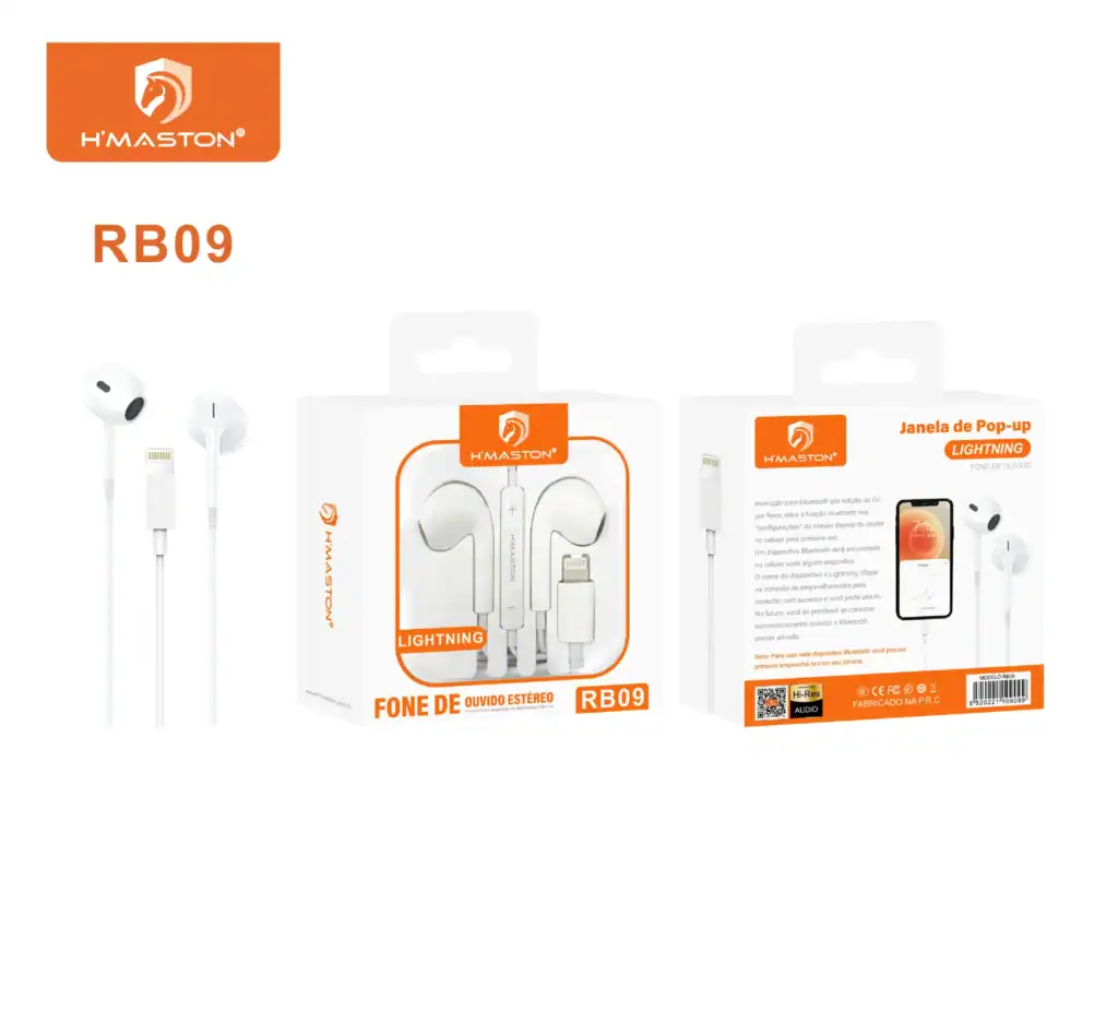 Fone de ouvido estéreo H'Maston RB09 com design compacto e conexão Bluetooth, ideal para chamadas e música com qualidade de áudio superior.