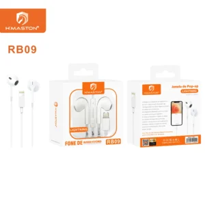 Fone de ouvido estéreo H'Maston RB09 com design compacto e conexão Bluetooth, ideal para chamadas e música com qualidade de áudio superior.