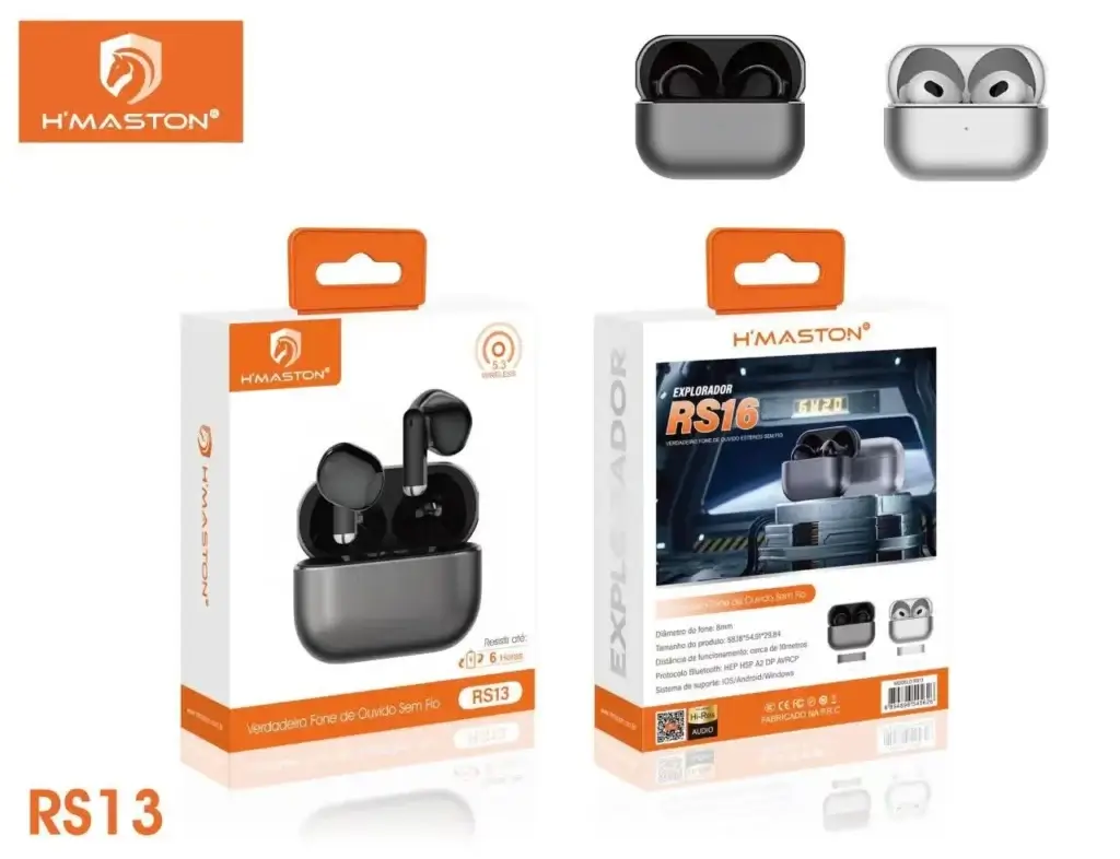 Fones de ouvido Bluetooth sem fio H'Maston RS13 e RS16, com design compacto, bateria de longa duração e compatibilidade com iOS e Android, ideais para uso esportivo ou no dia a dia.