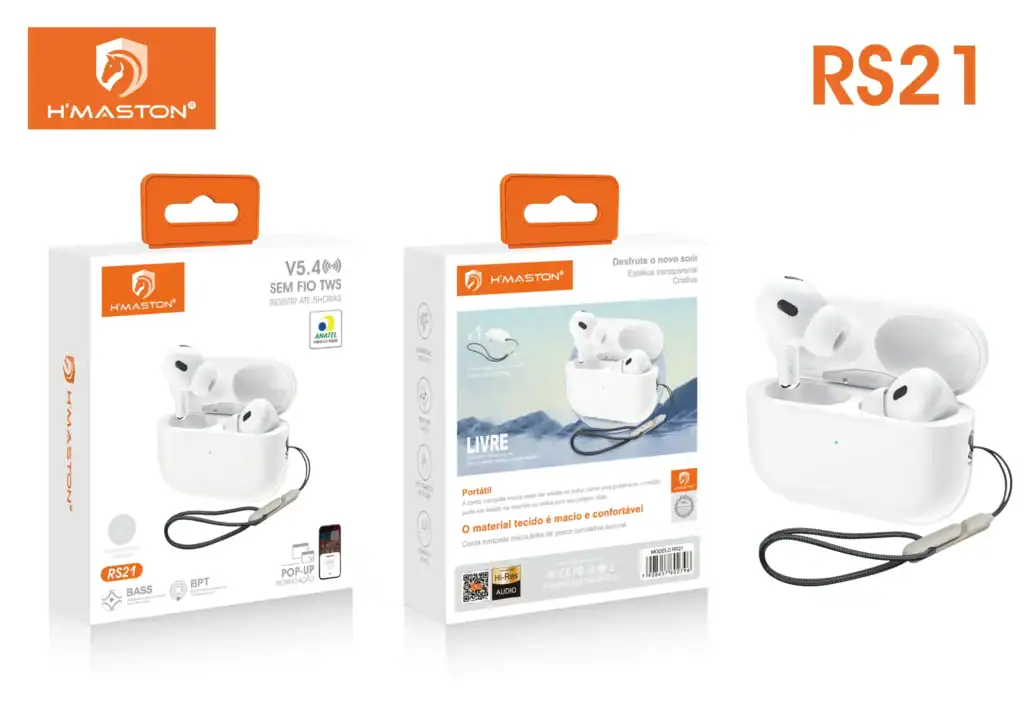 Fones de ouvido sem fio H’Maston RS21 com estojo de carregamento, áudio de alta qualidade, design confortável, perfeito para atividades diárias e esportes.