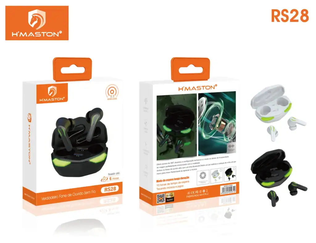 Áudio estéreo sem fio H'Maston, earbuds Bluetooth com até 6 horas de duração, ideal para esportes e uso diário, com design moderno e conexão fácil via Bluetooth.