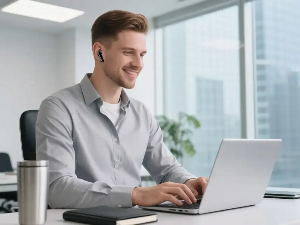 Laptop, homem de negócios sorridente usando computador portátil no escritório moderno com vista para a cidade.