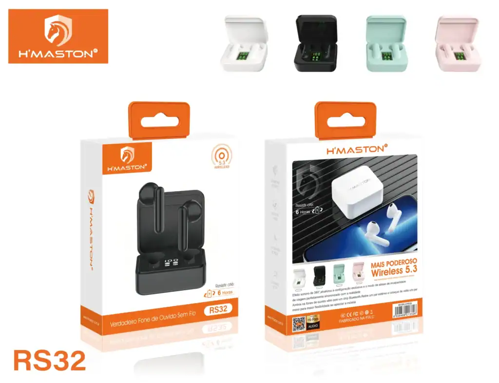 Fone de ouvido Bluetooth sem fio com carregador inteligente, resistente até 6 horas de uso, ideal para streaming e chamadas, disponível em diversas cores na H'Maston.