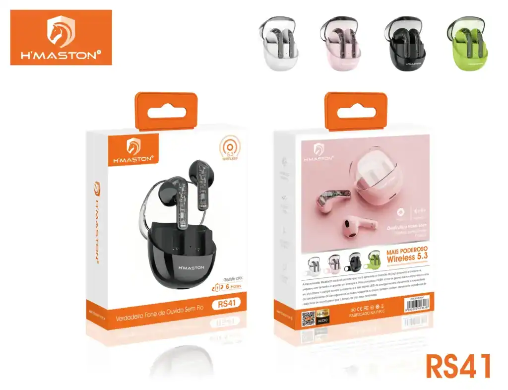 Água de ouvido sem fio H'MASTON RS41 com tecnologia Bluetooth 5.3, design moderno, resistência de até 6 horas, ideal para música, chamadas e uso diário.