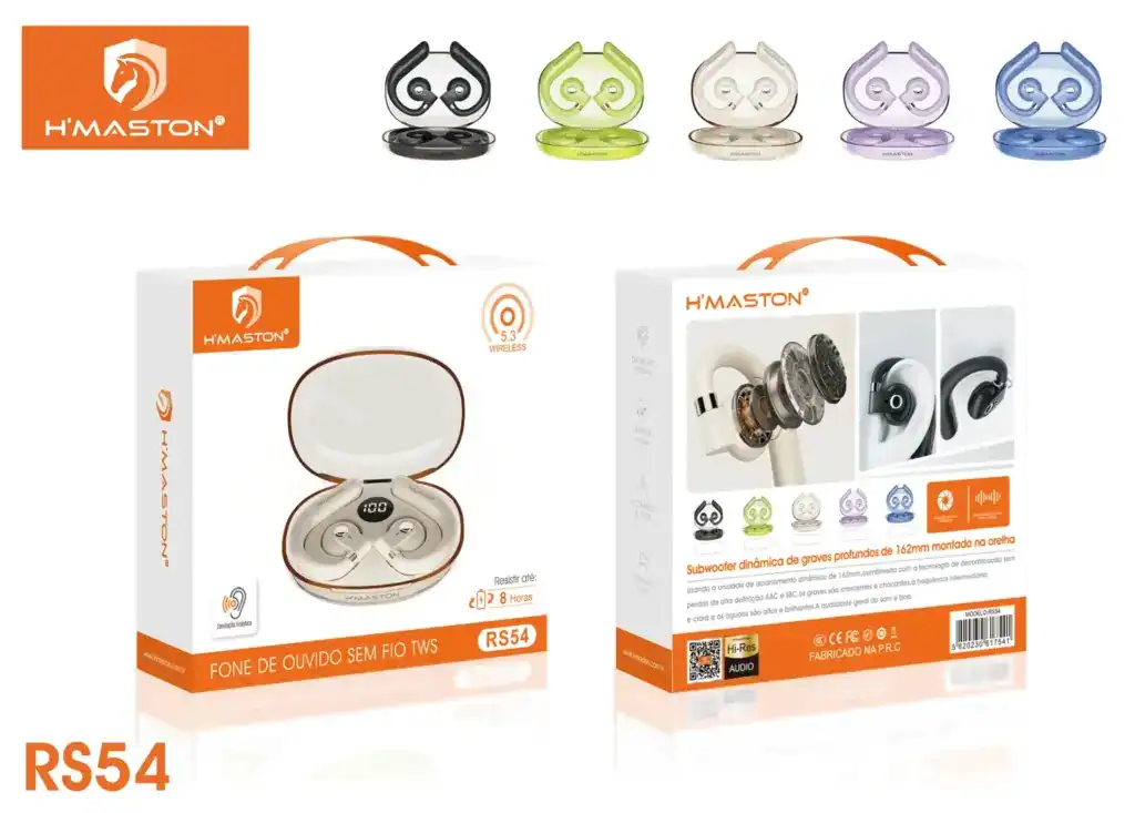 Áudio sem fio H'Maston com tecnologia Bluetooth, confortável e de alta qualidade, ideal para esportes e atividades diárias, disponível em várias cores.