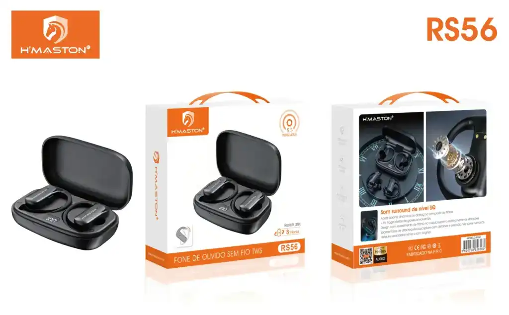 Fones de ouvido sem fio H'Maston RS56 com som surround de nível SQ e tecnologia Bluetooth 5.3, design ergonômico e alta qualidade de áudio para uma experiência sonora imersiva.