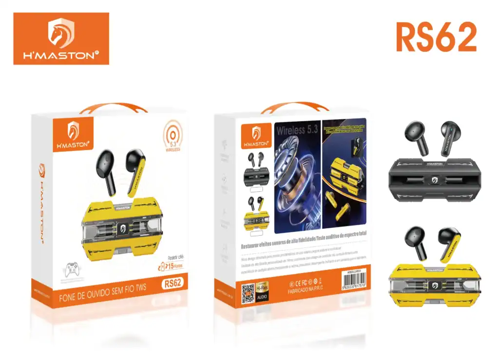 Fone de ouvido sem fio TWS RS62 com design moderno e alta fidelidade sonora, ideal para streaming e esportes, com resistência de até 215 horas de uso contínuo.