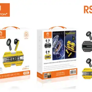 Fone de ouvido sem fio TWS RS62 com design moderno e alta fidelidade sonora, ideal para streaming e esportes, com resistência de até 215 horas de uso contínuo.