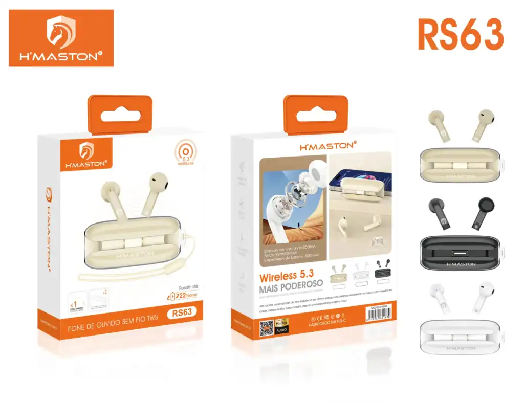 Áudio sem fio TWS H'Maston R63, fones de ouvido Bluetooth com longa duração de bateria, design confortável e dial de comandos, disponíveis em cores branco, preto e branco.
