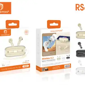 Áudio sem fio TWS H'Maston R63, fones de ouvido Bluetooth com longa duração de bateria, design confortável e dial de comandos, disponíveis em cores branco, preto e branco.