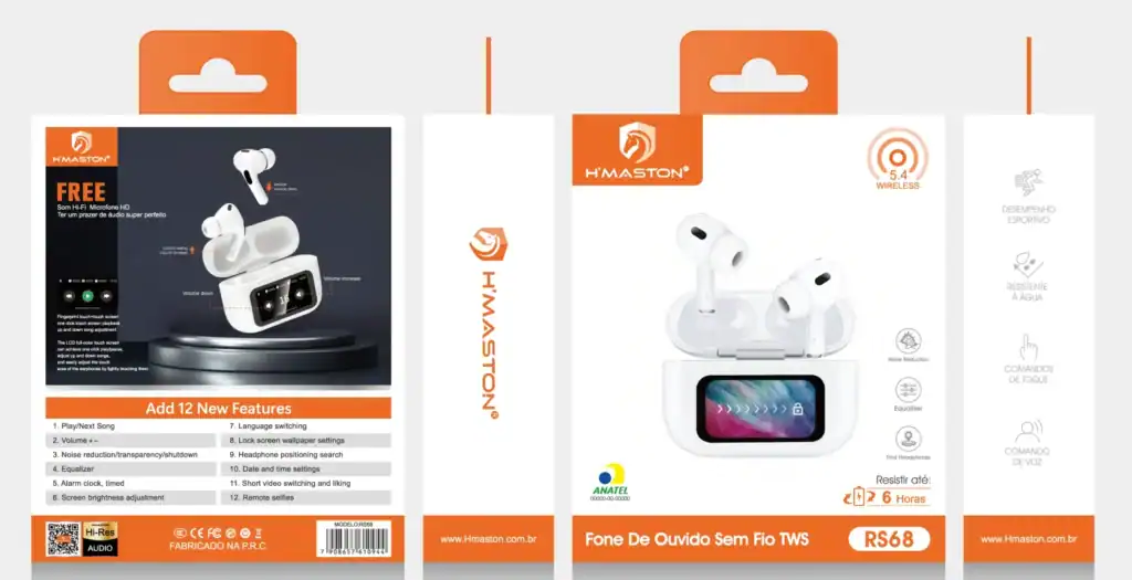 Som de fone de ouvido sem fio TWS H'MASTON modelo RS68, com tecnologia Bluetooth 5.4, resistência à água, comandos de voz, alto desempenho esportivo e audio de alta qualidade, conectividade prática e moderna.