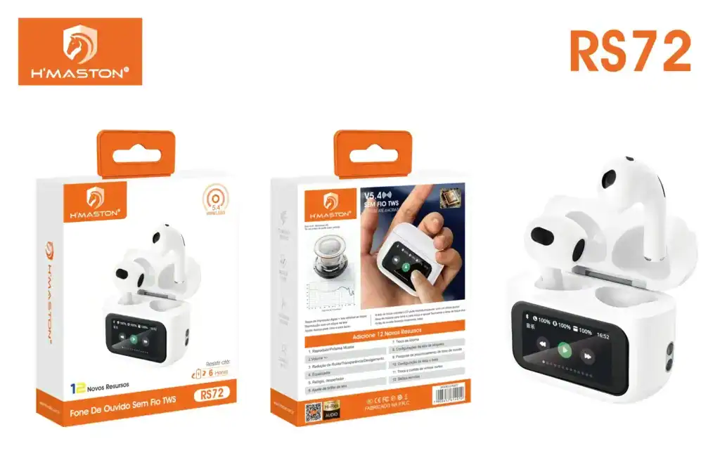 Fone de ouvido sem fio H'Maston RS72 com carregador portátil, com tela touch, LEDs e até 6 horas de uso, ideal para músicas, chamadas e atividades esportivas.