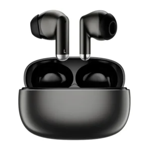 Fones de ouvido Bluetooth sem fio em estojo de carregamento preto, tecnologia de áudio de alta qualidade e design ergonômico para conforto e mobilidade.