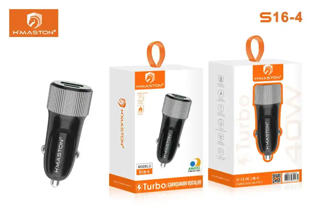 Carregador veicular H'Maston S16-4 Turbo compatível com carros, carregador com entrada USB, design prático e eficiente para carregamento rápido de dispositivos móveis.