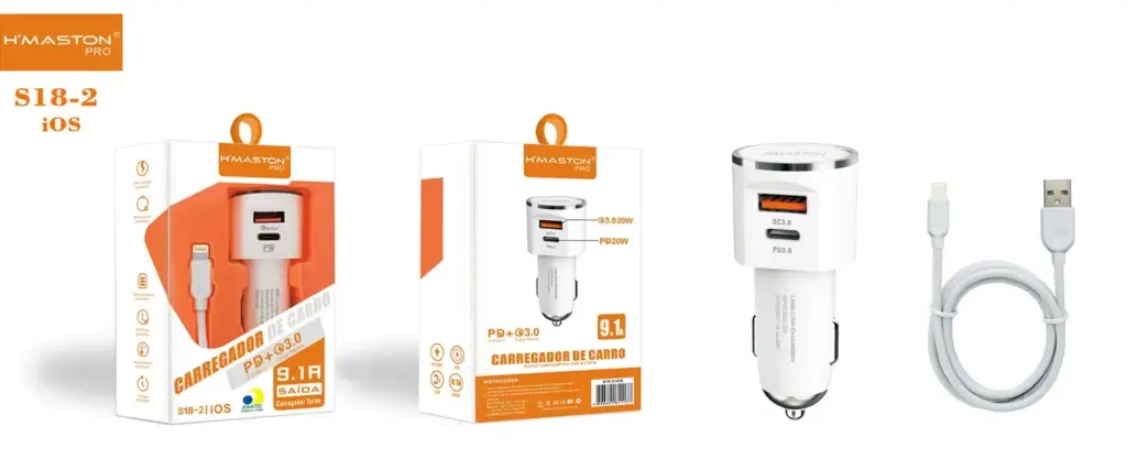 Carregador veicular H'MASTON PRO com entradas USB tipo C e padrão PD para carregamento rápido.