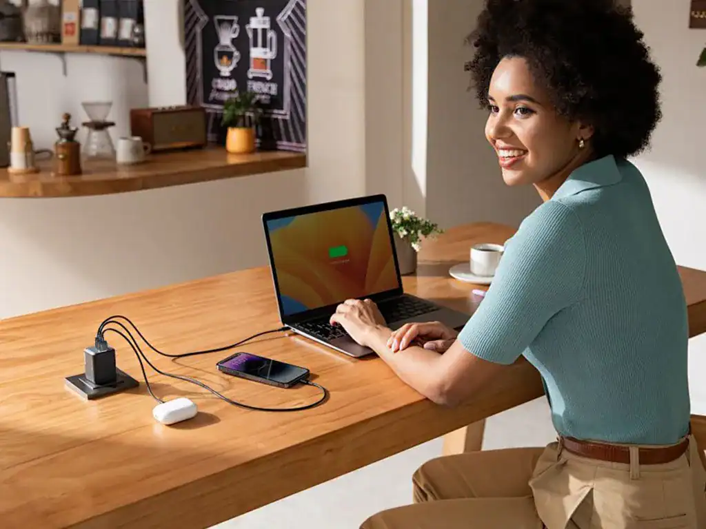 Carregando laptop com carregador portátil e celular conectado, ambiente de coworking moderno, mulher sorridente usando camiseta azul, espaço de trabalho aconchegante, foco em tecnologia portátil, produtividade e inovação.