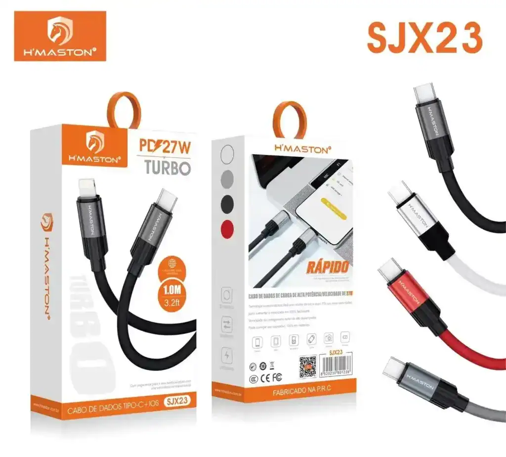 Cabos de dados USB Type-C e iOS da H'Maston, compatíveis com alta velocidade de transmissão, ideal para smartphones e dispositivos eletrônicos, com design resistente e garantia de qualidade.