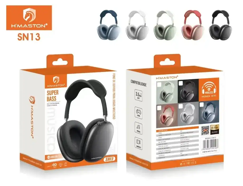 Fone de ouvido Bluetooth H'Maston SN13 com som super bass, compatível com smartphones, tablets e computadores, disponível em várias cores, ideal para música e chamadas sem fio.