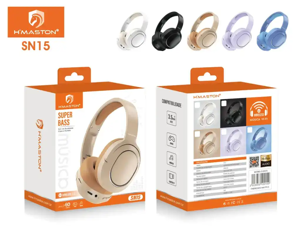 Fone de ouvido sem fio H'MASTON SN15 com som de alta qualidade, design elegante e compatibilidade com Bluetooth 5.3, ideal para uso diário e esportes, disponível em várias cores.