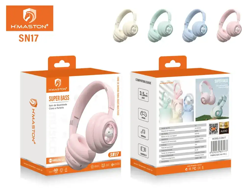 Fones de ouvido sem fio H'MASTON SN17 em cores variadas, com qualidade de som super bass, compatíveis com Bluetooth e com autonomia de alta duração, ideais para uso em diversas atividades.