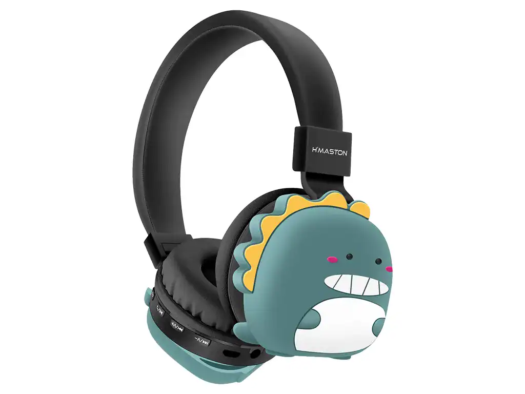 Fone de ouvido infantil com design de dinossauro divertido, ideal para crianças, com som de alta qualidade e conforto, perfeito para uso diário e entretenimento.