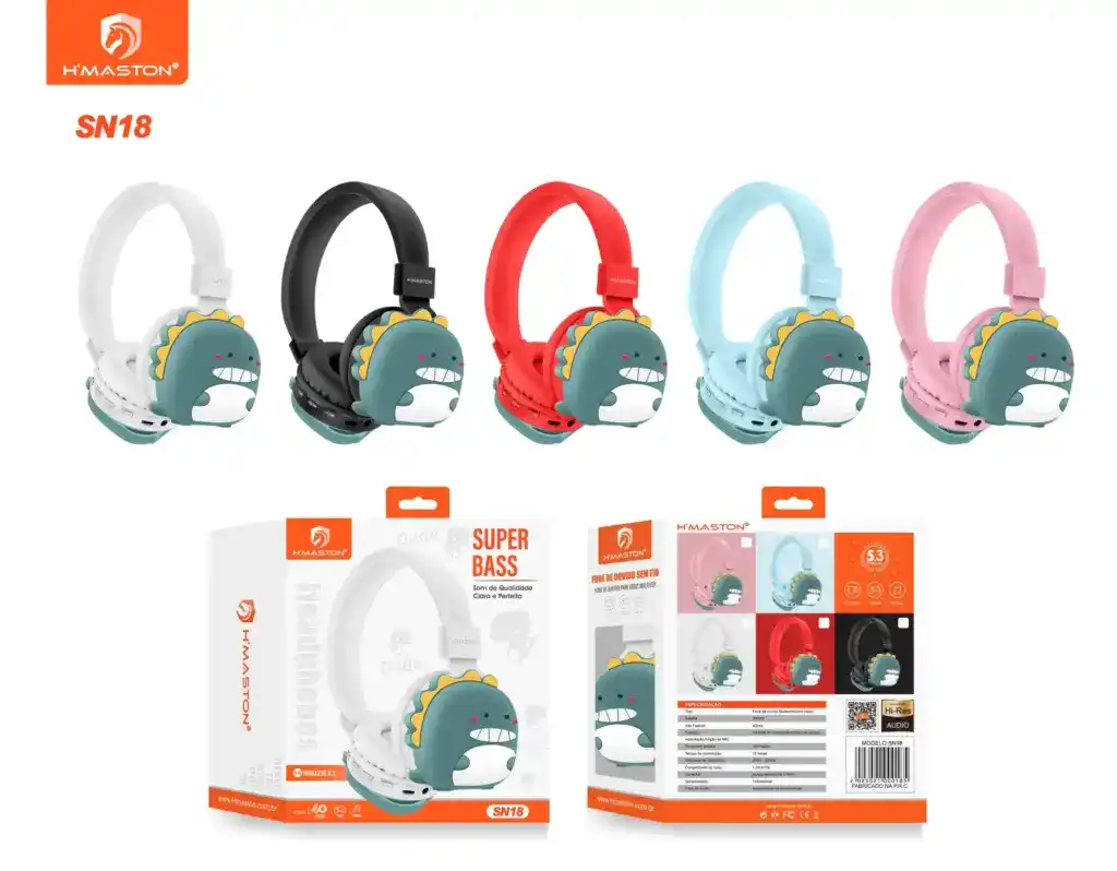 Fone de ouvido infantil H'MASTON com design divertido de dinossauro, disponível em várias cores, ideal para crianças, com tecnologia Bluetooth, bateria de longa duração e alto-falante com som de alta qualidade.