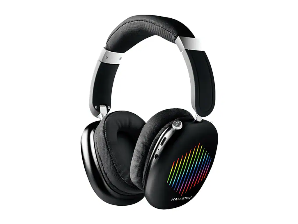 Fone de ouvido Bluetooth com design moderno, som de alta qualidade, conforto para uso prolongado e detalhes em LED RGB, ideal para gamers e amantes de tecnologia.