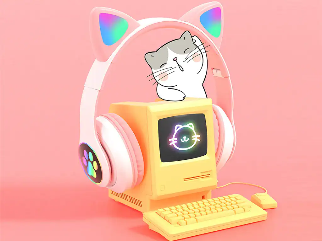 Computador vintage com acessórios de gato e headphones com iluminação de cores neon, ideal para decoração moderna e temática de amor por gatos.