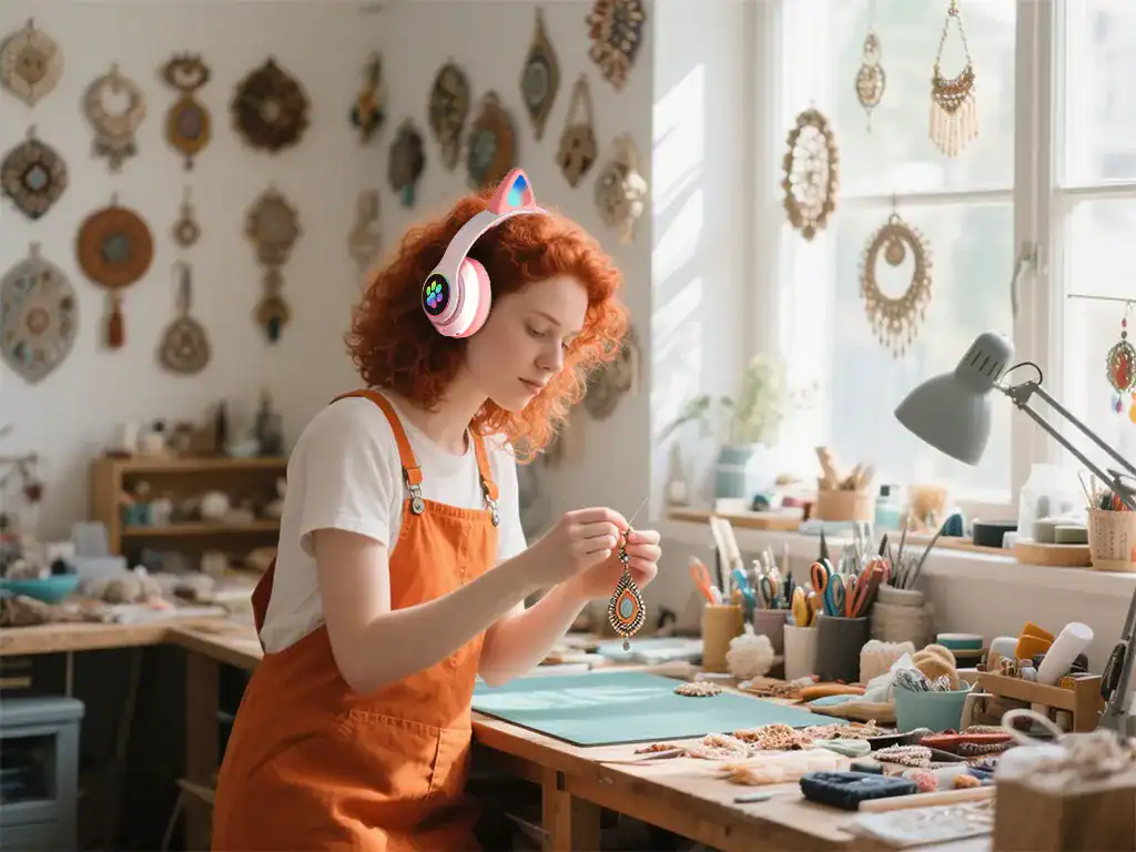 Criadora de joias artesanais com foco em design exclusivo e qualidade, trabalhando em ateliê de artesanato com acessórios de moda e bijuterias delicadas.