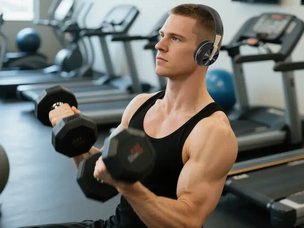 Homem treinando musculação com halteres em academia moderna, usando fones de ouvido para música, foco em saúde, fitness e bem-estar, ambiente equipado com esteiras e equipamentos de ginástica.