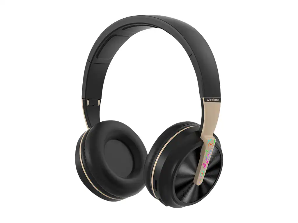 Fone de ouvido sem fio preto com acabamento dourado, cancelamento de ruído e conexão Bluetooth, ideal para uso diário e música de alta qualidade.
