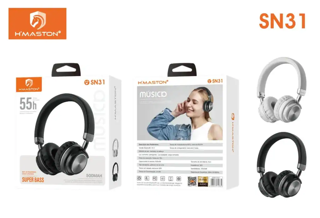 Fone de ouvido Bluetooth H'Maston SN31 com 55h de uso, design confortável, alta qualidade sonora e bateria de longa duração ideal para áudio, música, chamadas e lazer.