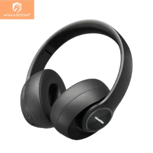 Fones de ouvido sem fio H'Maston, Bluetooth, com microfone e bateria de longa duração, ideal para música, chamadas e atividades esportivas. Design confortável e moderno em preto.
