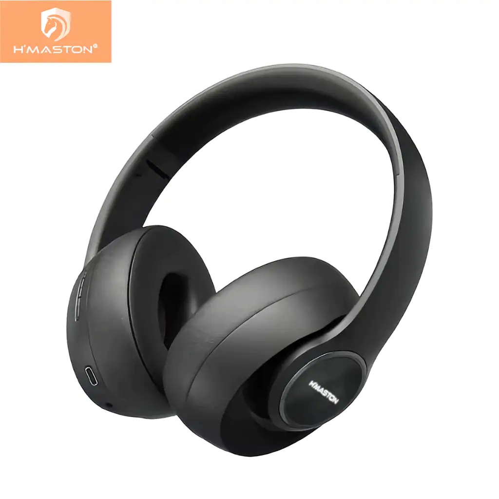Fones de ouvido sem fio H'Maston, Bluetooth, com microfone e bateria de longa duração, ideal para música, chamadas e atividades esportivas. Design confortável e moderno em preto.