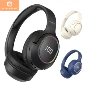Fones de ouvido Bluetooth H'MASTON com design moderno e qualidade de som superior, disponíveis em preto, branco e azul, ideais para atividades esportivas, lazer e uso diário.
