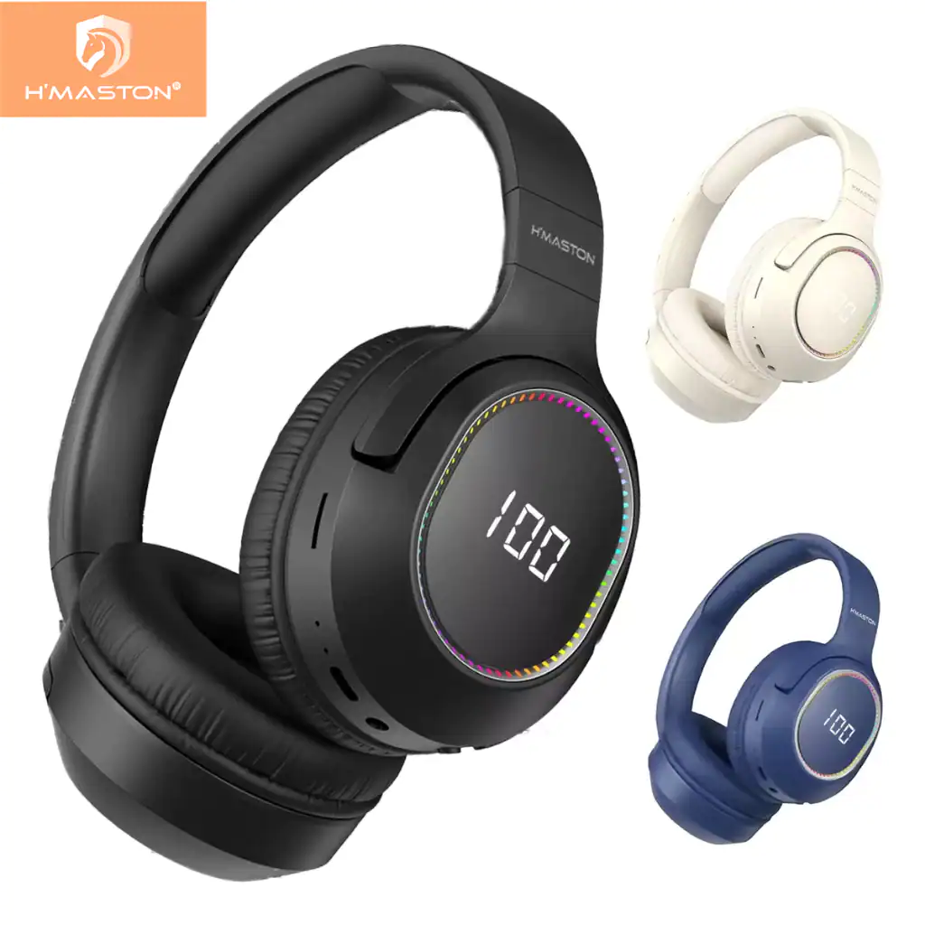 Fones de ouvido Bluetooth H'MASTON com design moderno e qualidade de som superior, disponíveis em preto, branco e azul, ideais para atividades esportivas, lazer e uso diário.