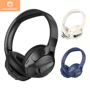Fone de ouvido sem fio Bluetooth H'MASTON com cancelamento de ruído, ideal para música, chamadas e jogos. Disponível em cores preto, branco e azul para conforto e estilo.