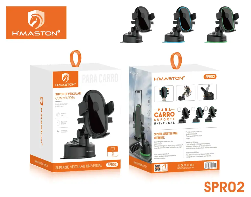 Suporte veicular universal para carro com ventosa, compatível com smartphones e GPS, fácil de instalar e remover, com rotação de 360 graus para melhor domínio do aparelho.