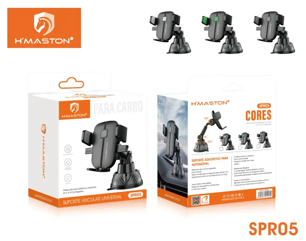 Suporte veicular universal para carro e automóvel, compatível com celulares de 4 a 6,5 polegadas, com rotação de 360 graus, design compacto, fácil instalação e compatível com diversos modelos de veículos e smartphones.